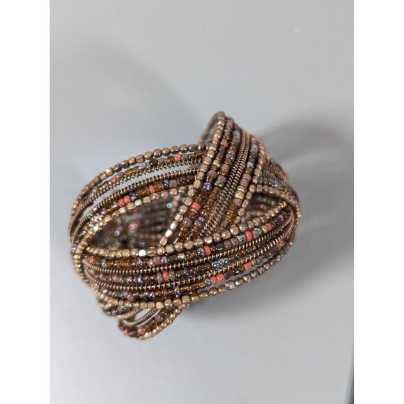 Boho Western Bronze Tone Glass Bead Braided Wide Cuff Bracelet 6.5" - Picture 2 of 6